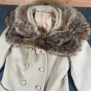 Vintage ILGWU Union Made Pea Coat Womens Small Beige Fur Trim Double Breasted